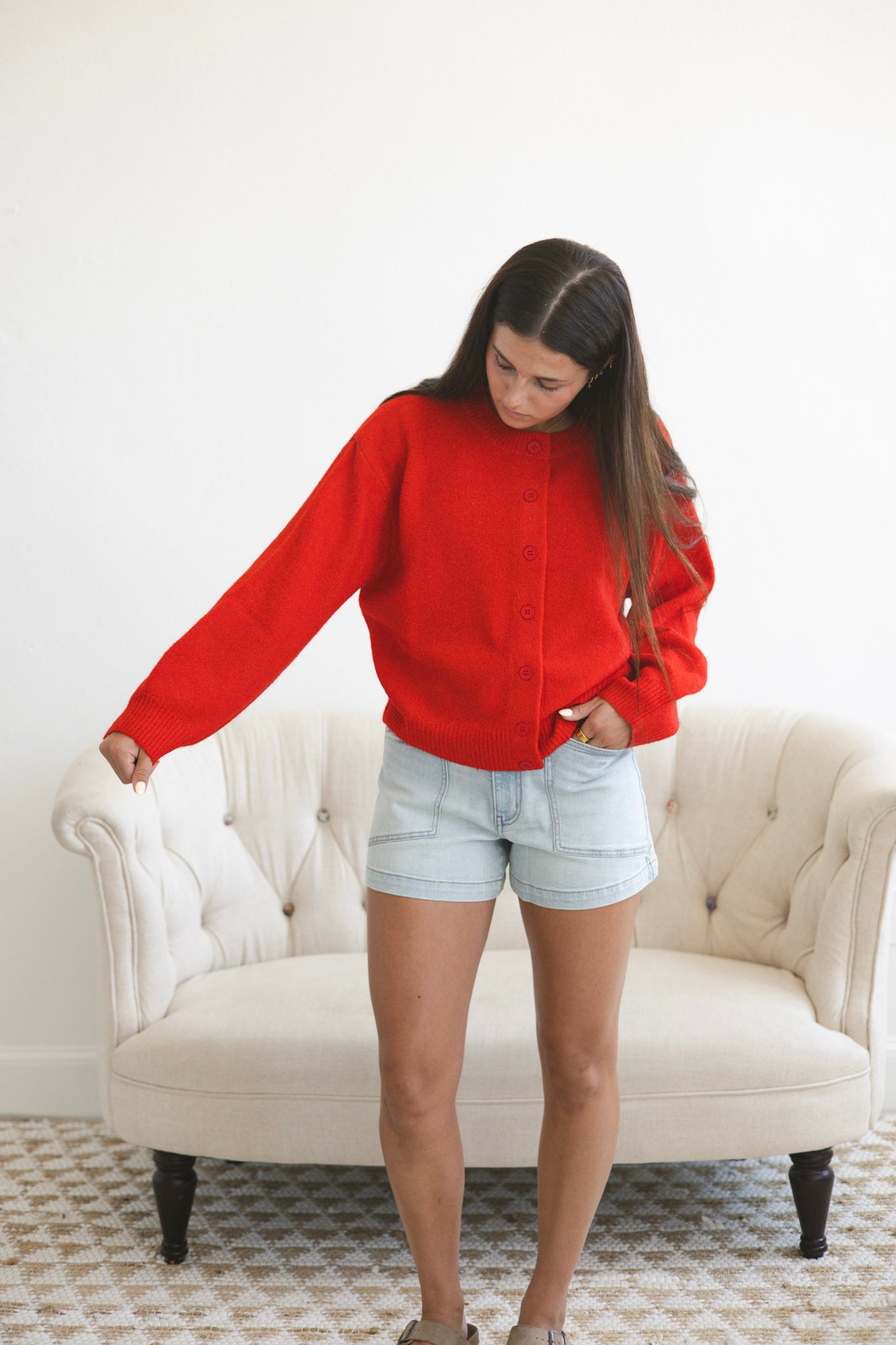 Red Knit Button Cardigan