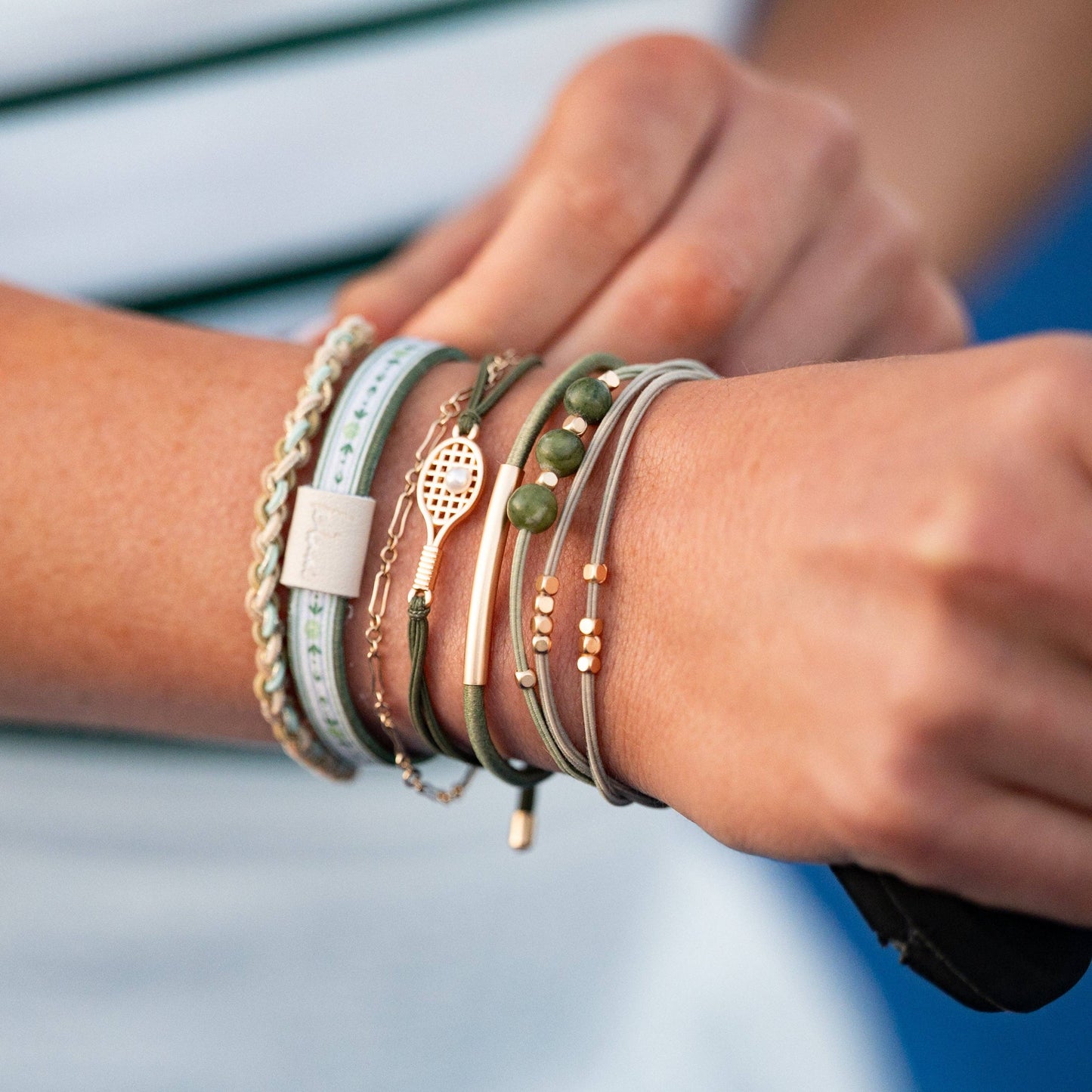 "Ace" Green and Gold Tennis Racket Charm Hair Tie Bracelets - Medium