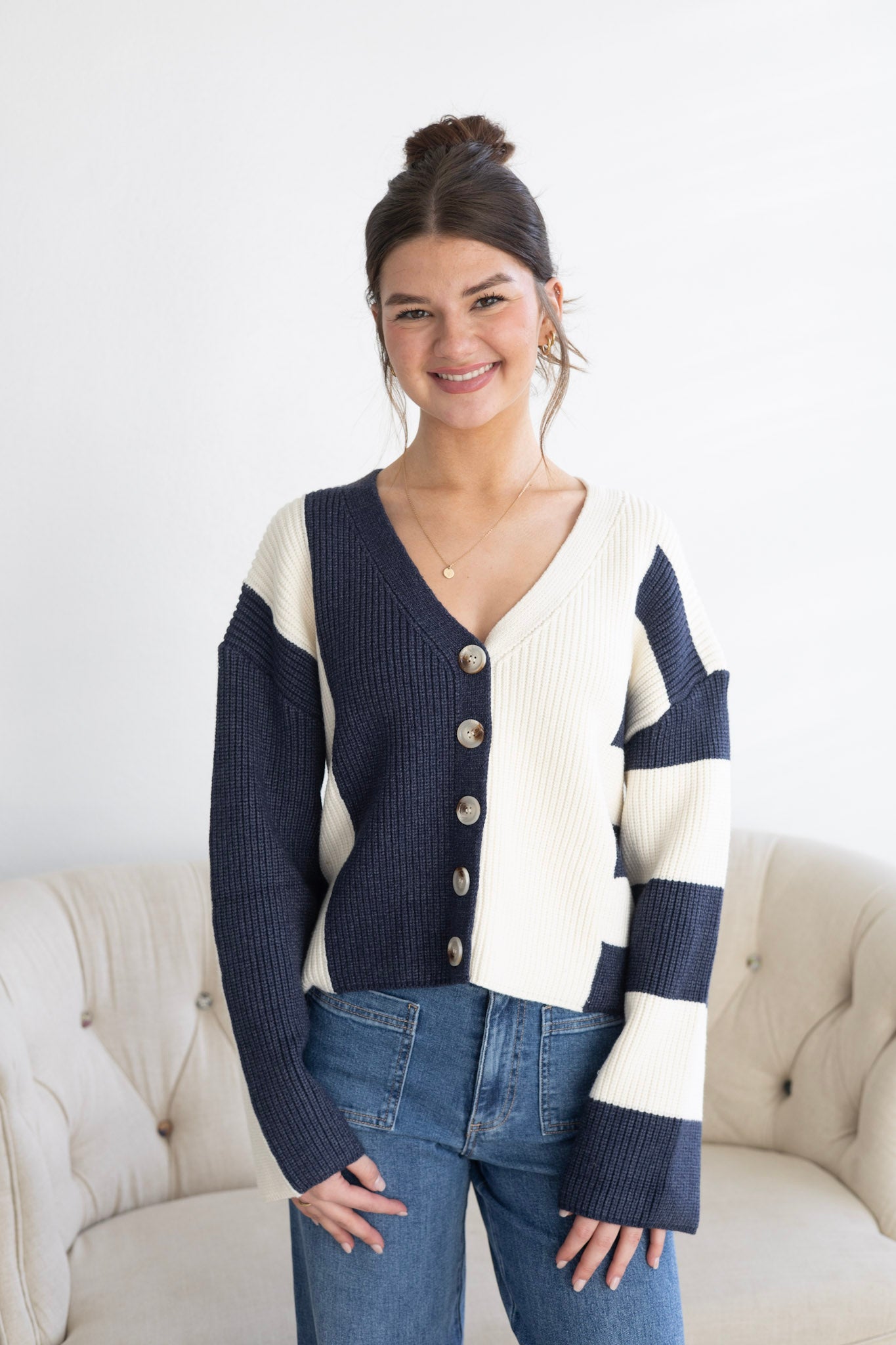 Navy & Ivory Color Block Cardigan