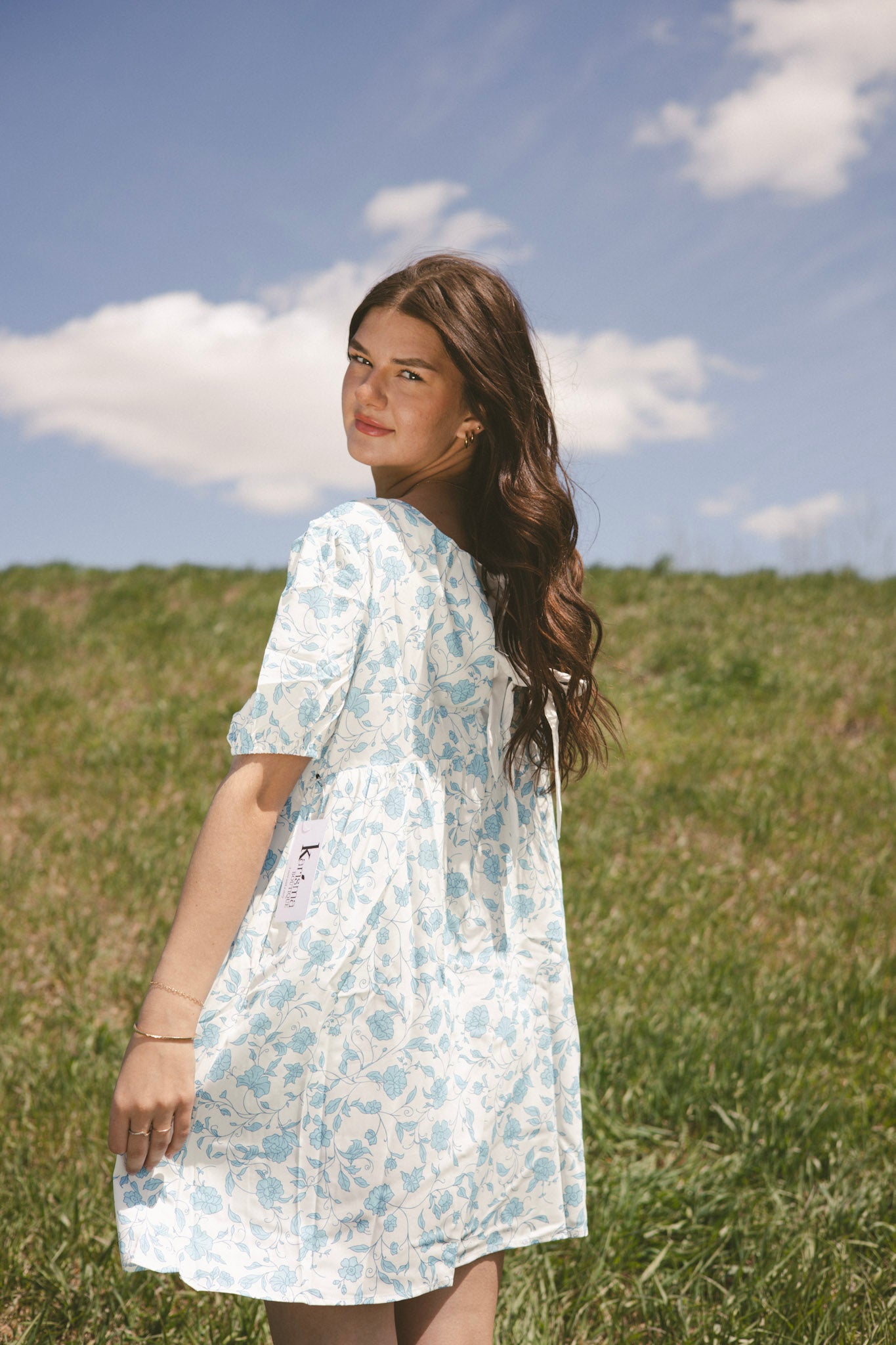 Sky Blue Floral Bow Mini Dress