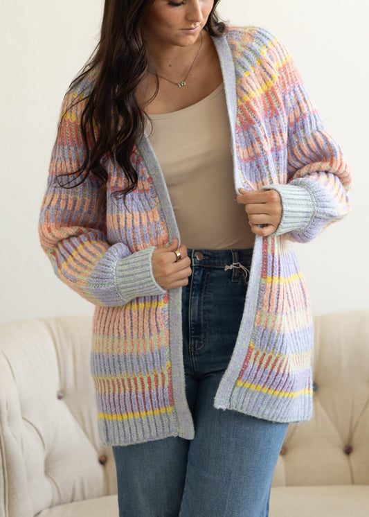 Pastel Striped Open Front Cardigan