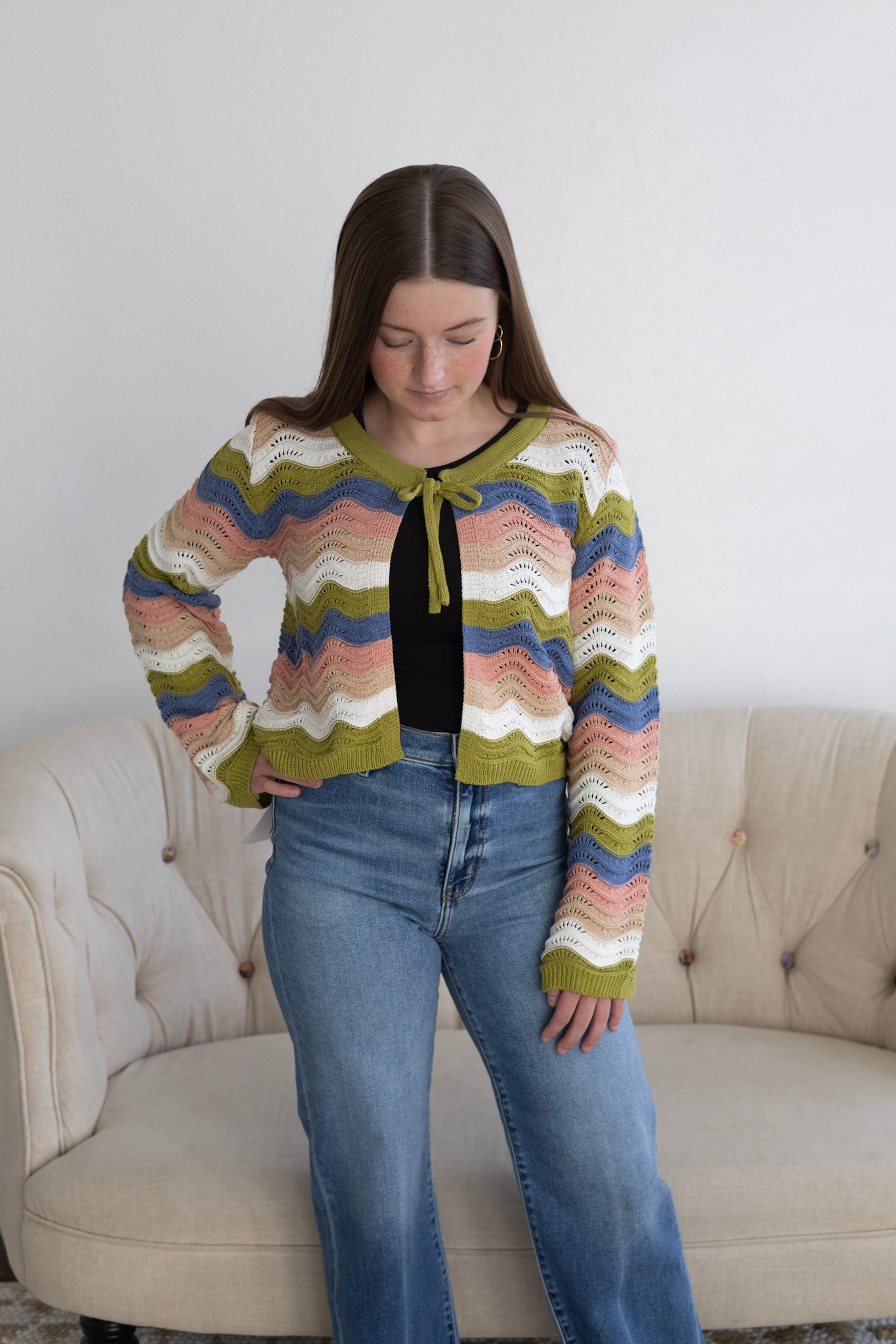 Green Multi Open Front Cardigan