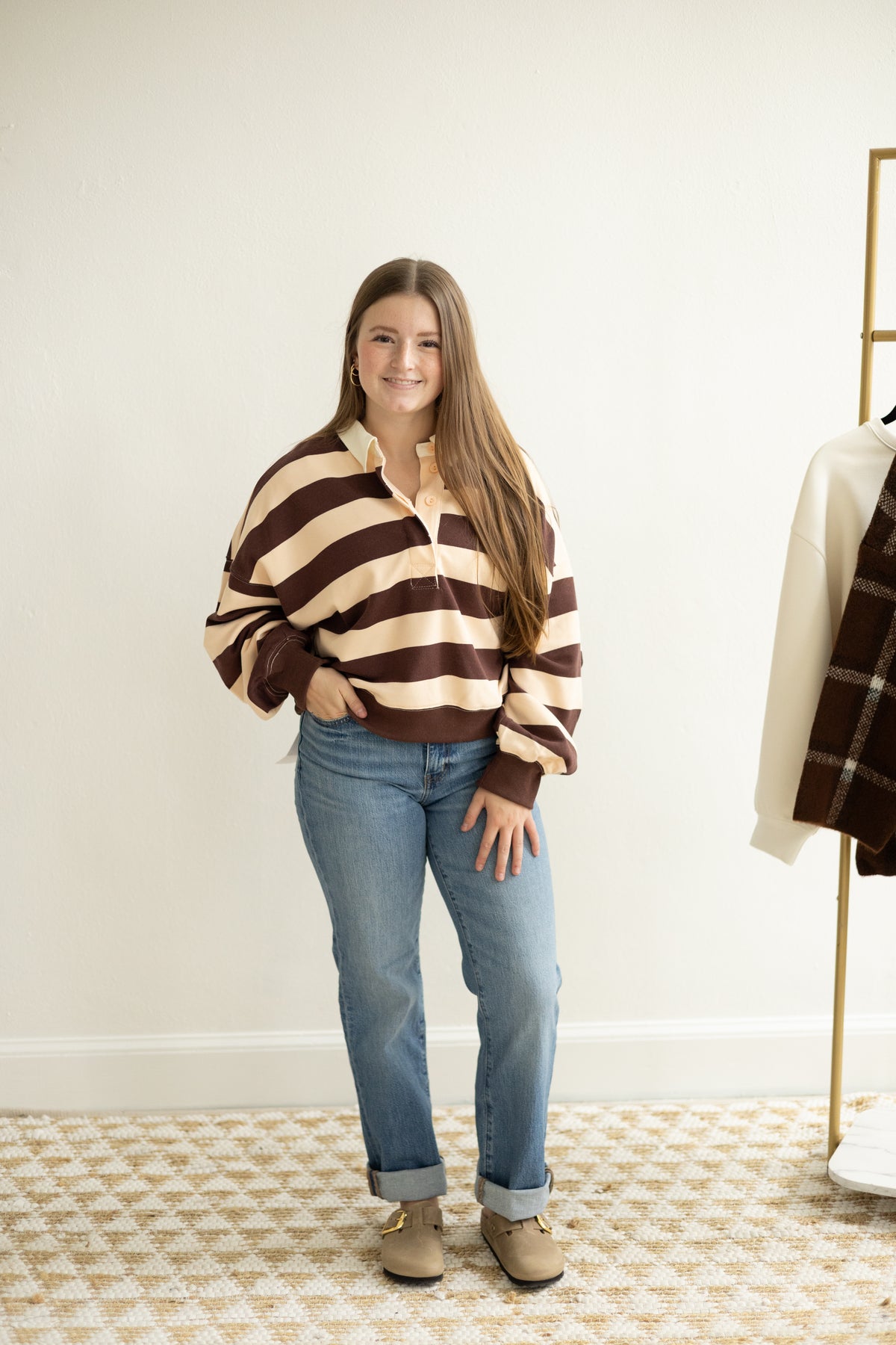 Chocolate/Nude Striped Half Button Top