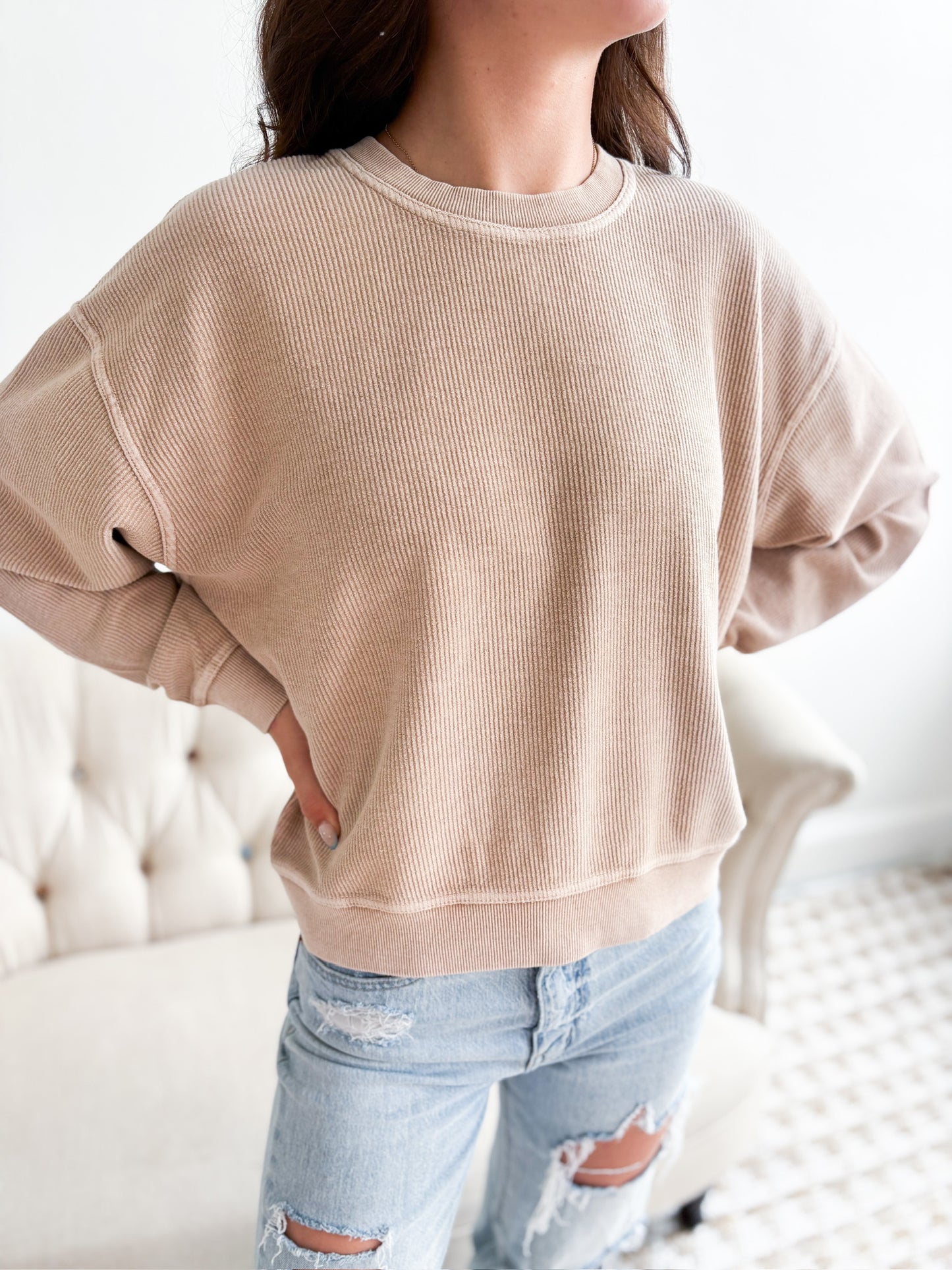 Cropped Thermal Vintage Pullover - Latte