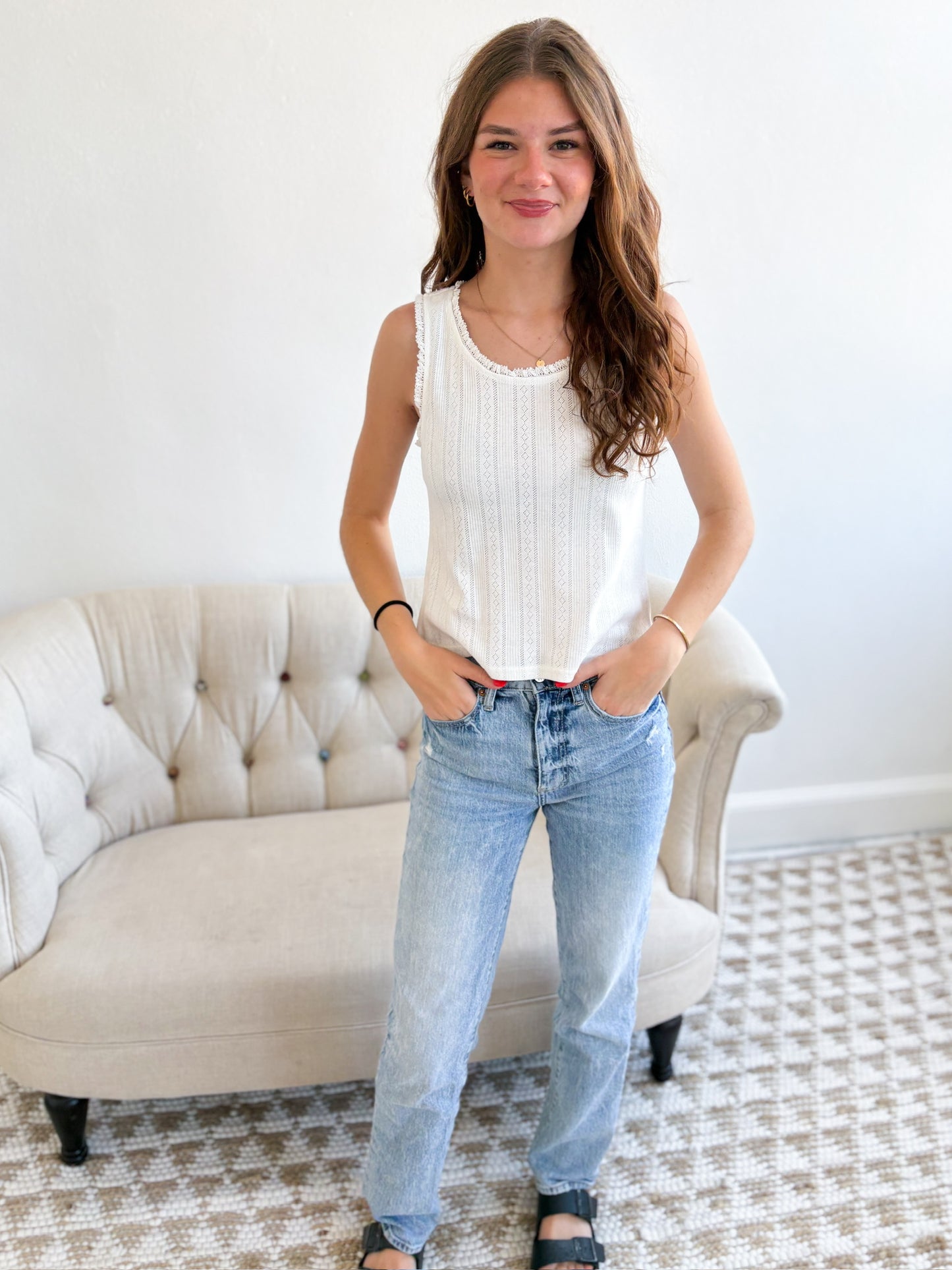 Pointelle Mini Ruffle Tank - White
