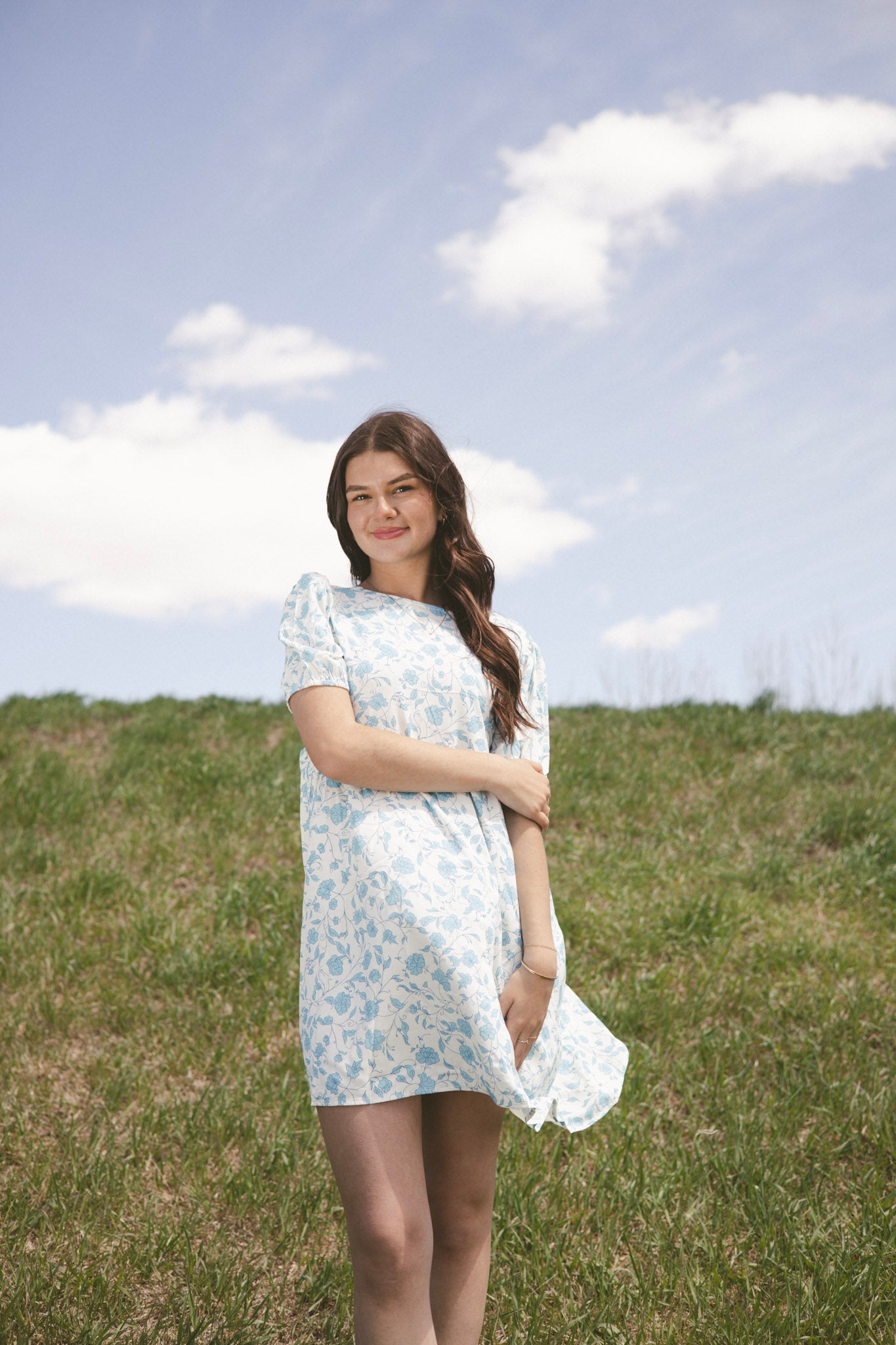 Sky Blue Floral Bow Mini Dress