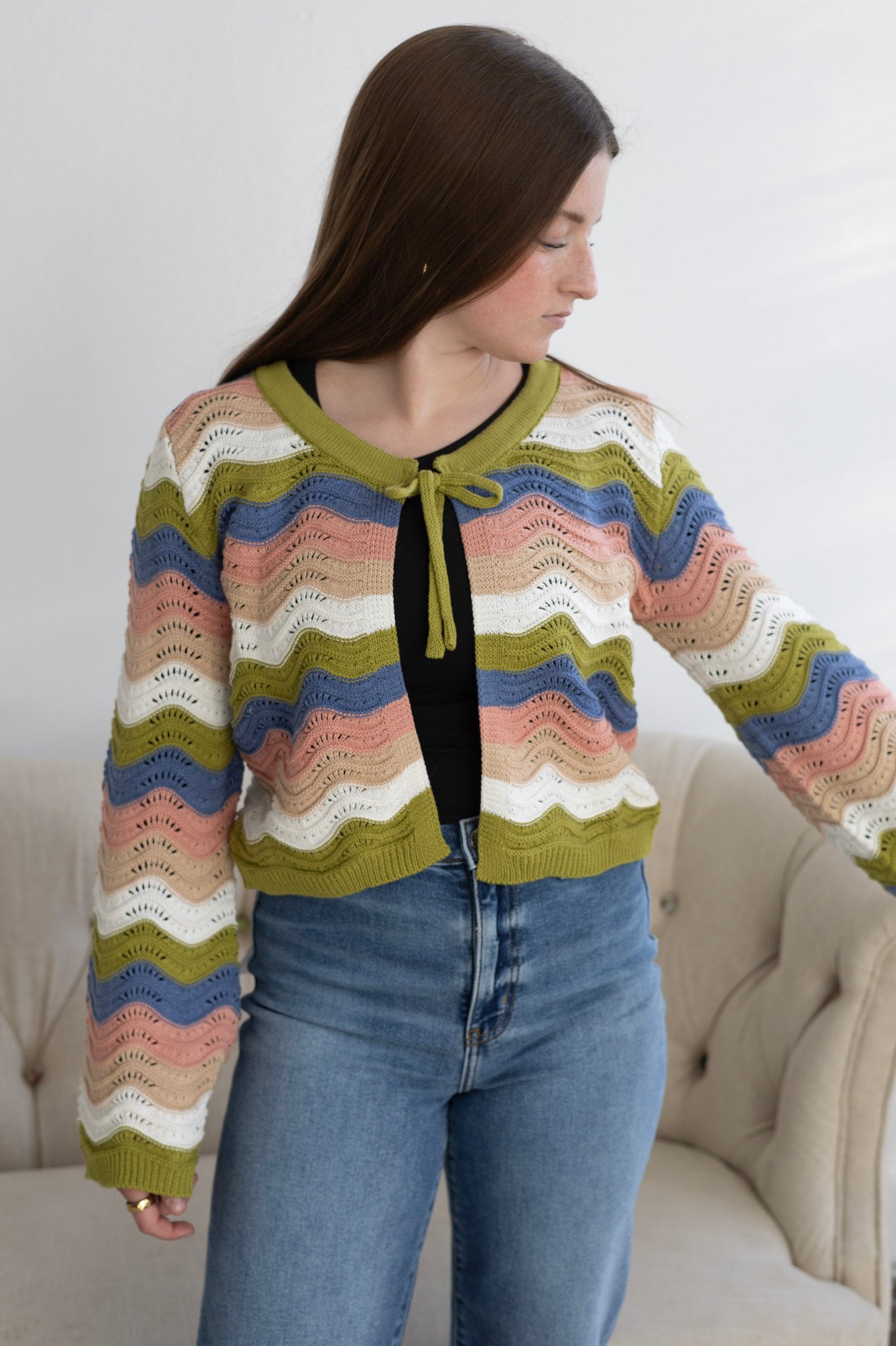 Green Multi Open Front Cardigan
