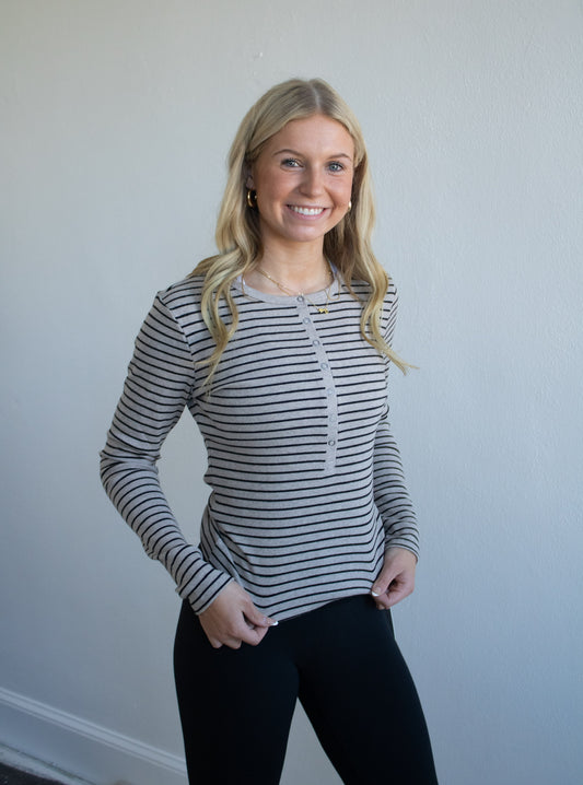Stella Stripe Henley - Heather Taupe