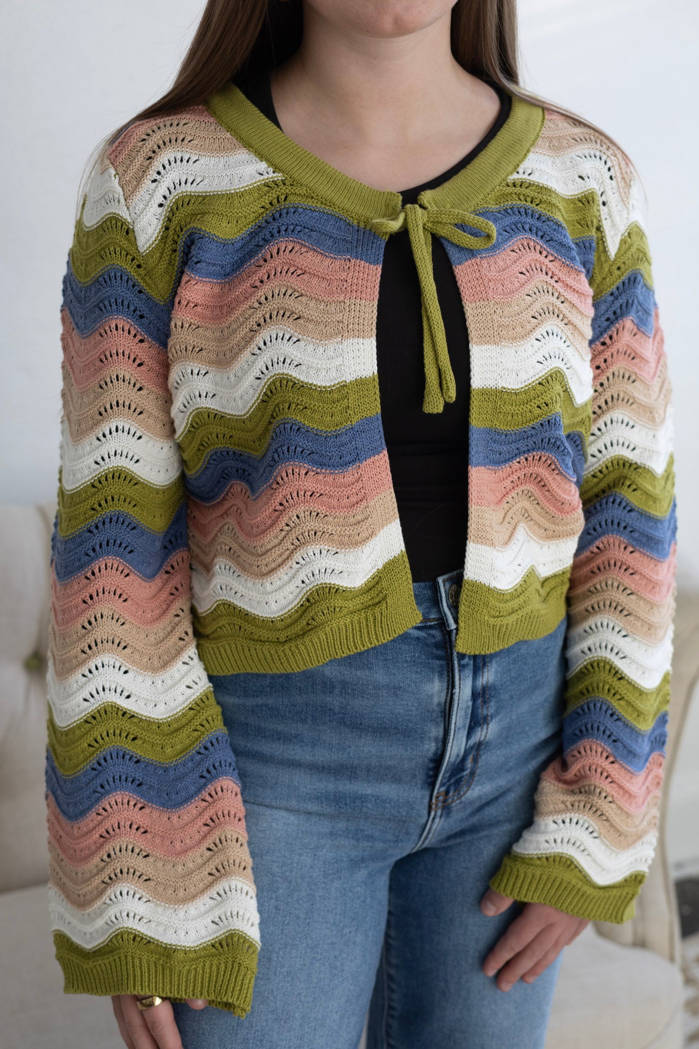 Green Multi Open Front Cardigan