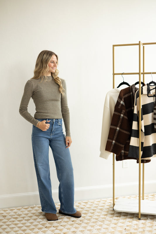 Taupe/Black Striped Mock Neck LS