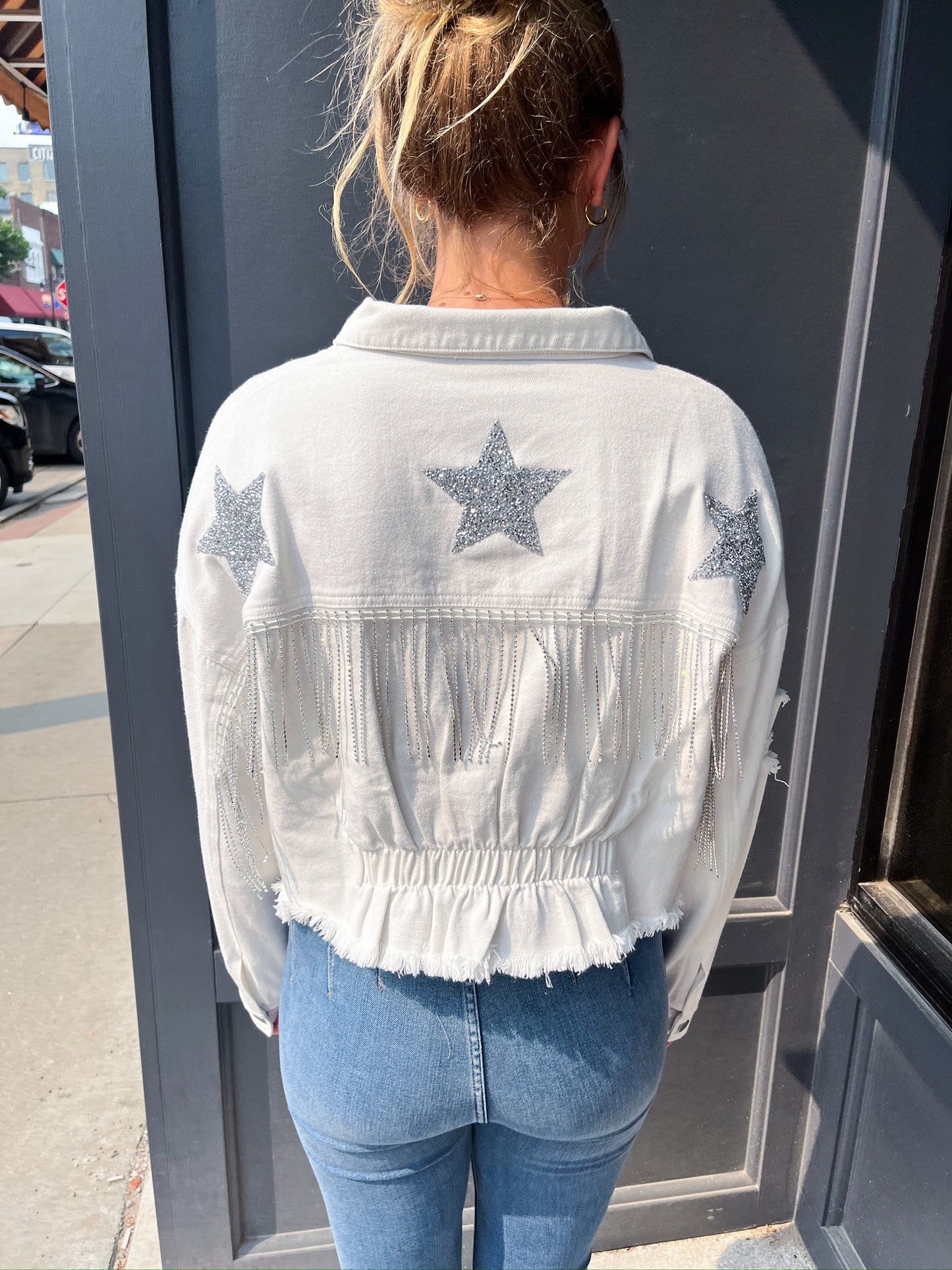 Star Rhinestone Fringe Denim Jacket - White