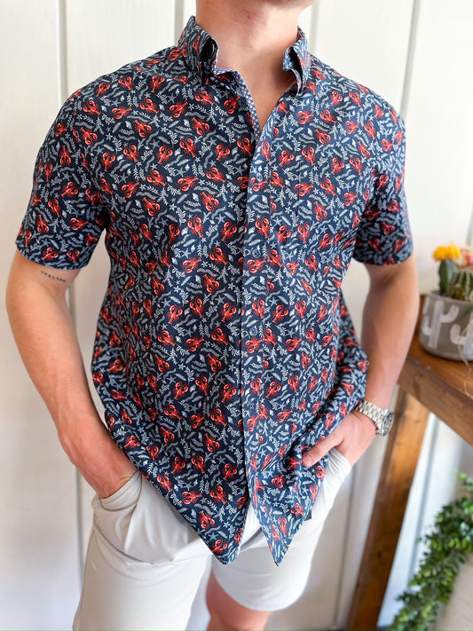 Cotton SS Button Up - Navy Lobster