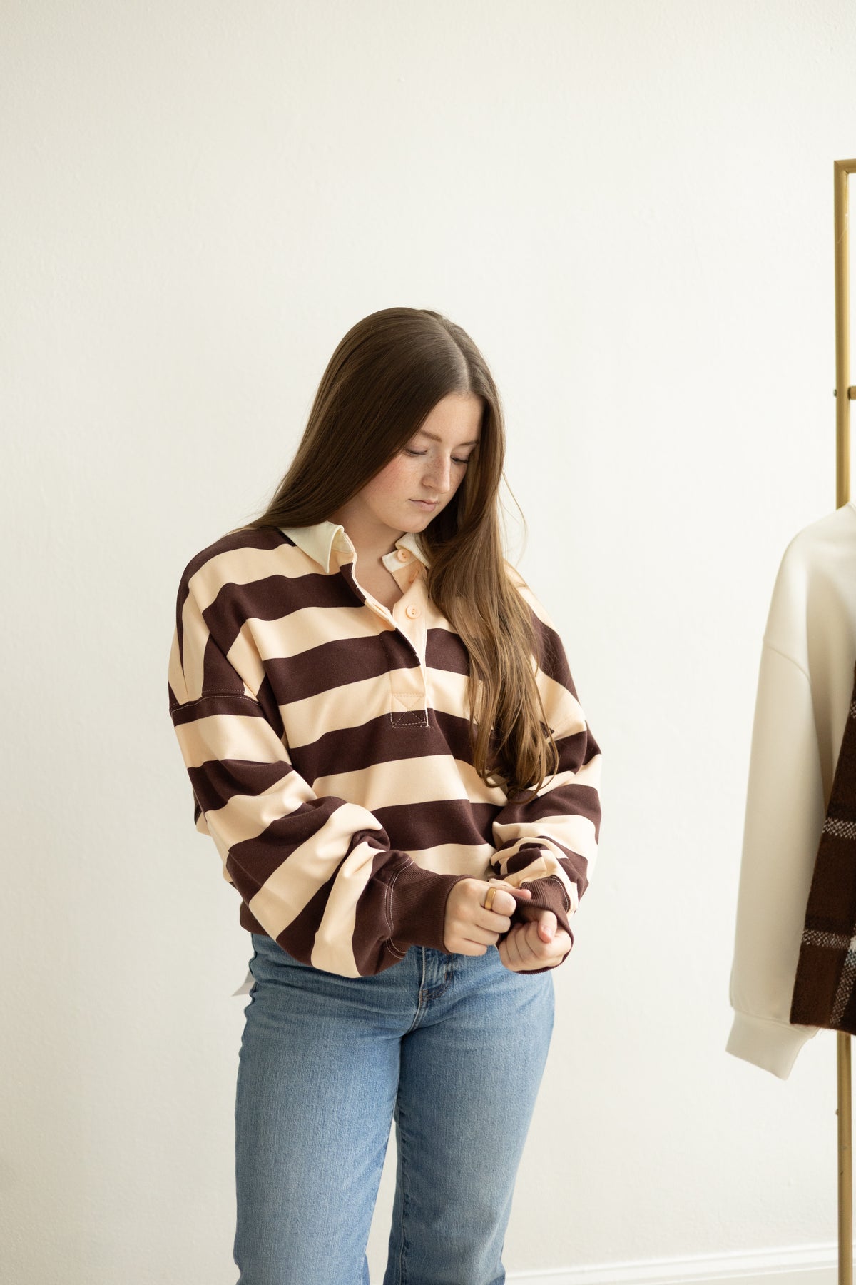 Chocolate/Nude Striped Half Button Top