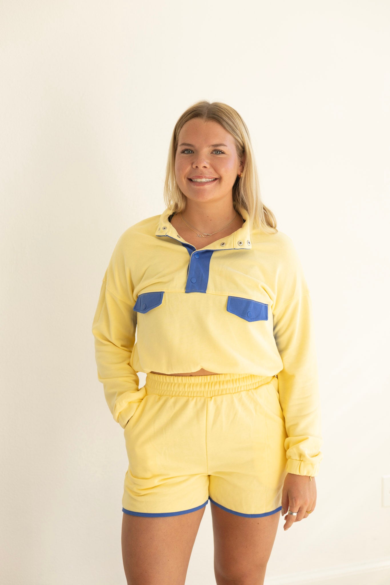 Yellow Color Block Shorts Set