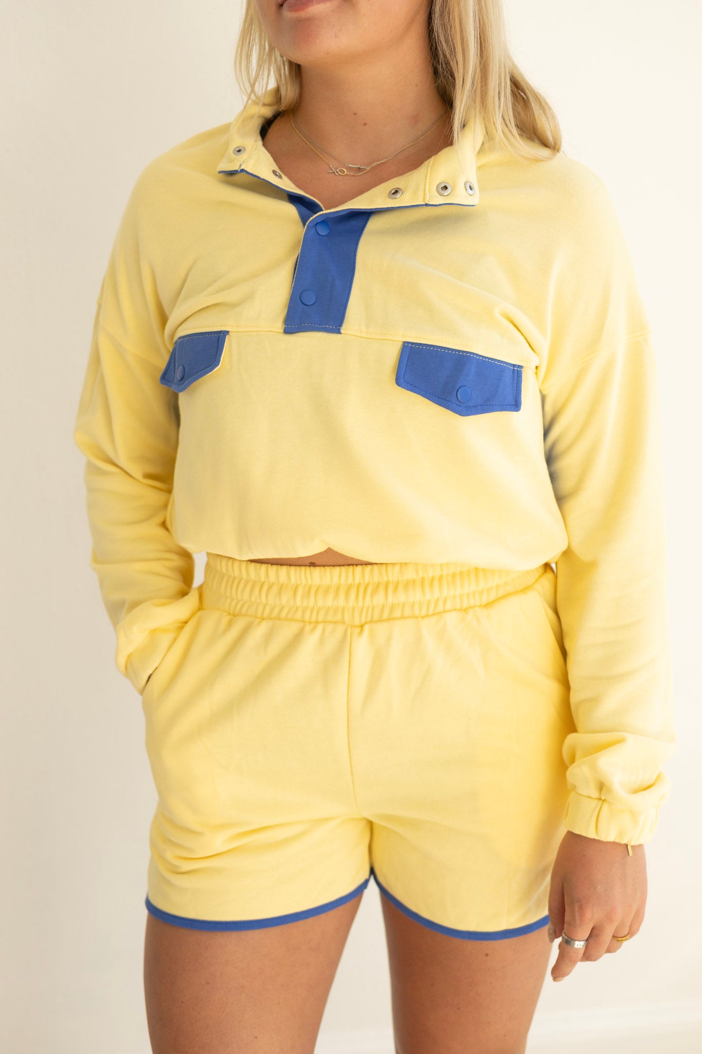 Yellow Color Block Shorts Set