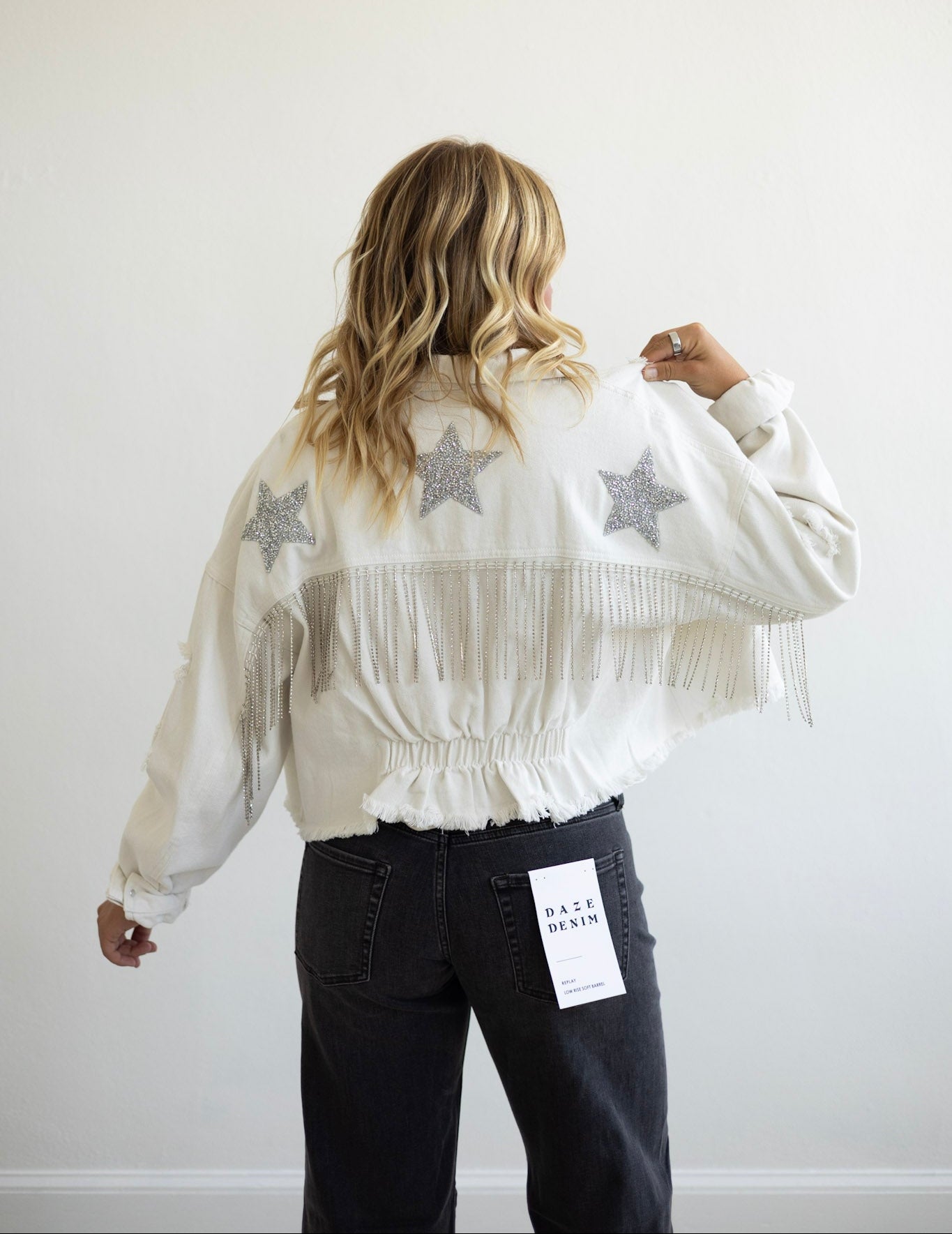 Star Rhinestone Fringe Denim Jacket - White