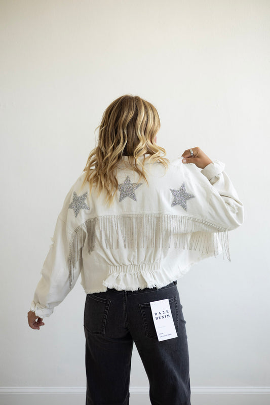 Star Rhinestone Fringe Denim Jacket - White