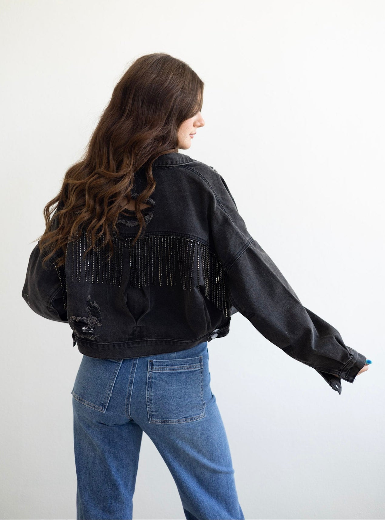 Rhinestone Fringe Denim Jacket - Charcoal
