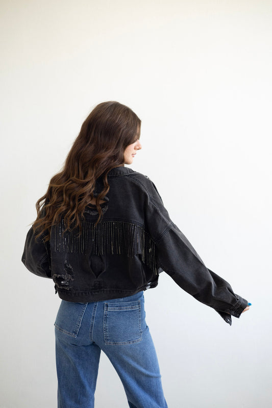 Rhinestone Fringe Denim Jacket - Charcoal