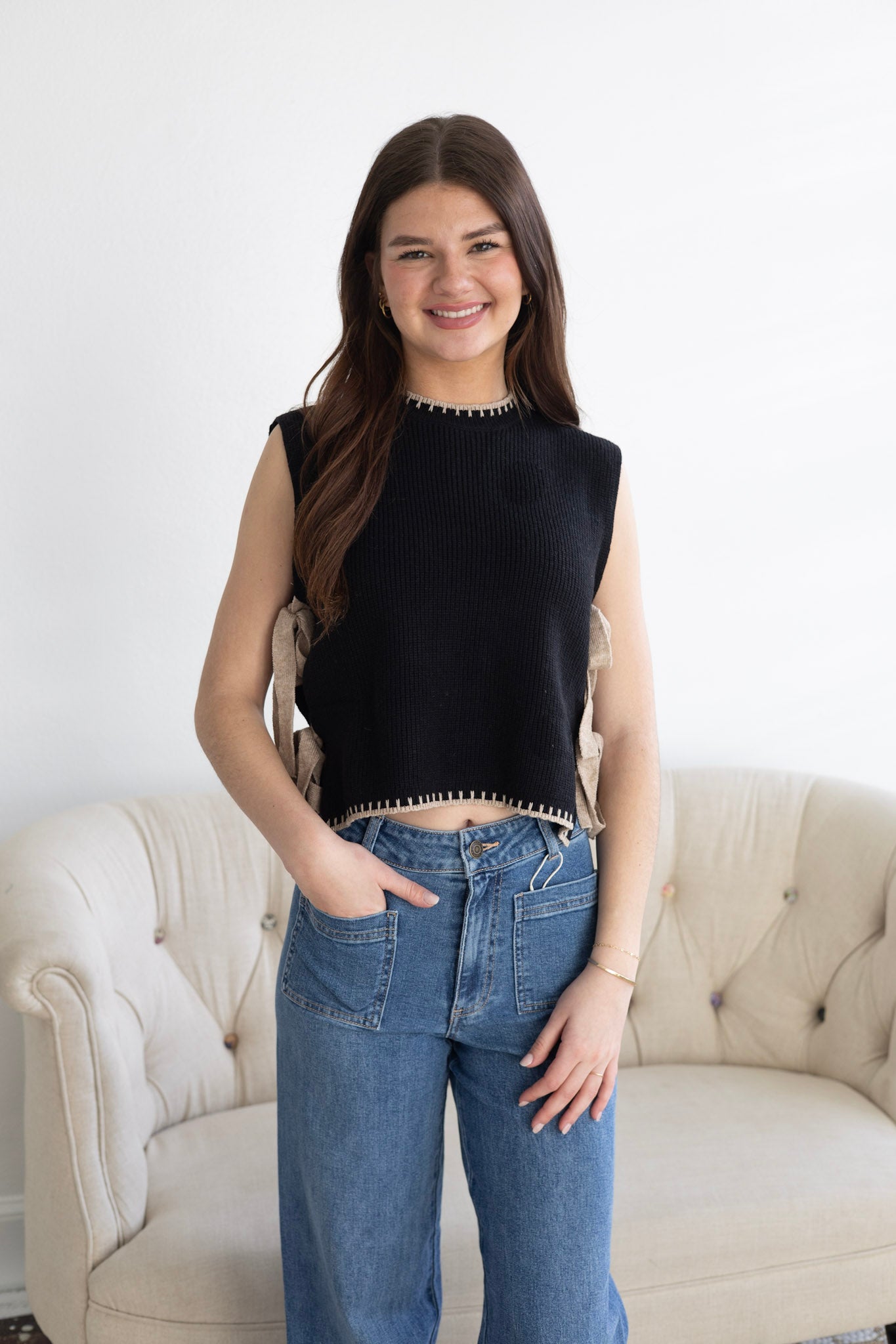 Black & Taupe Mock Neck Sweater Top