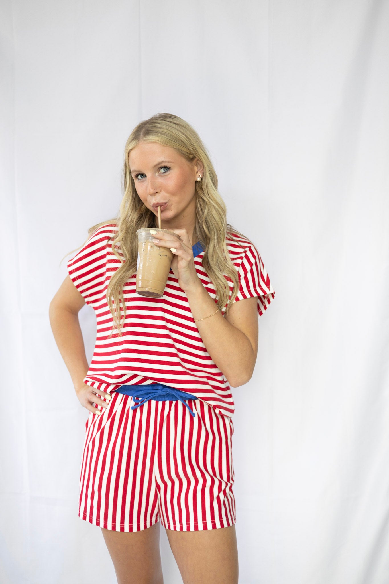 Red Stripe Color Block Short Set