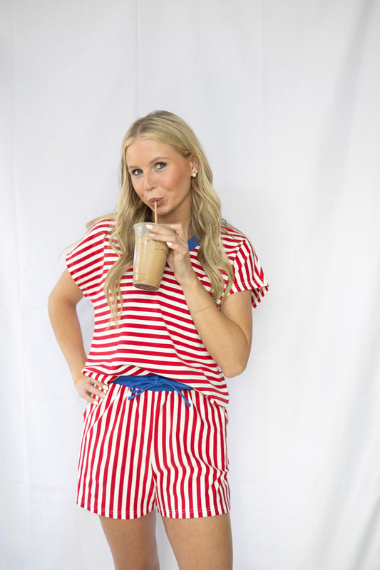 Red Stripe Color Block Short Set