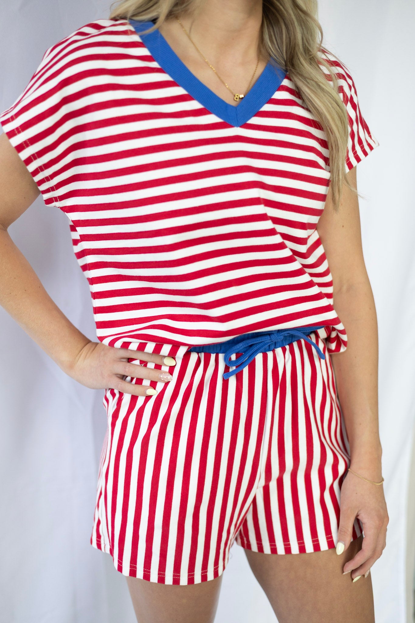 Red Stripe Color Block Short Set