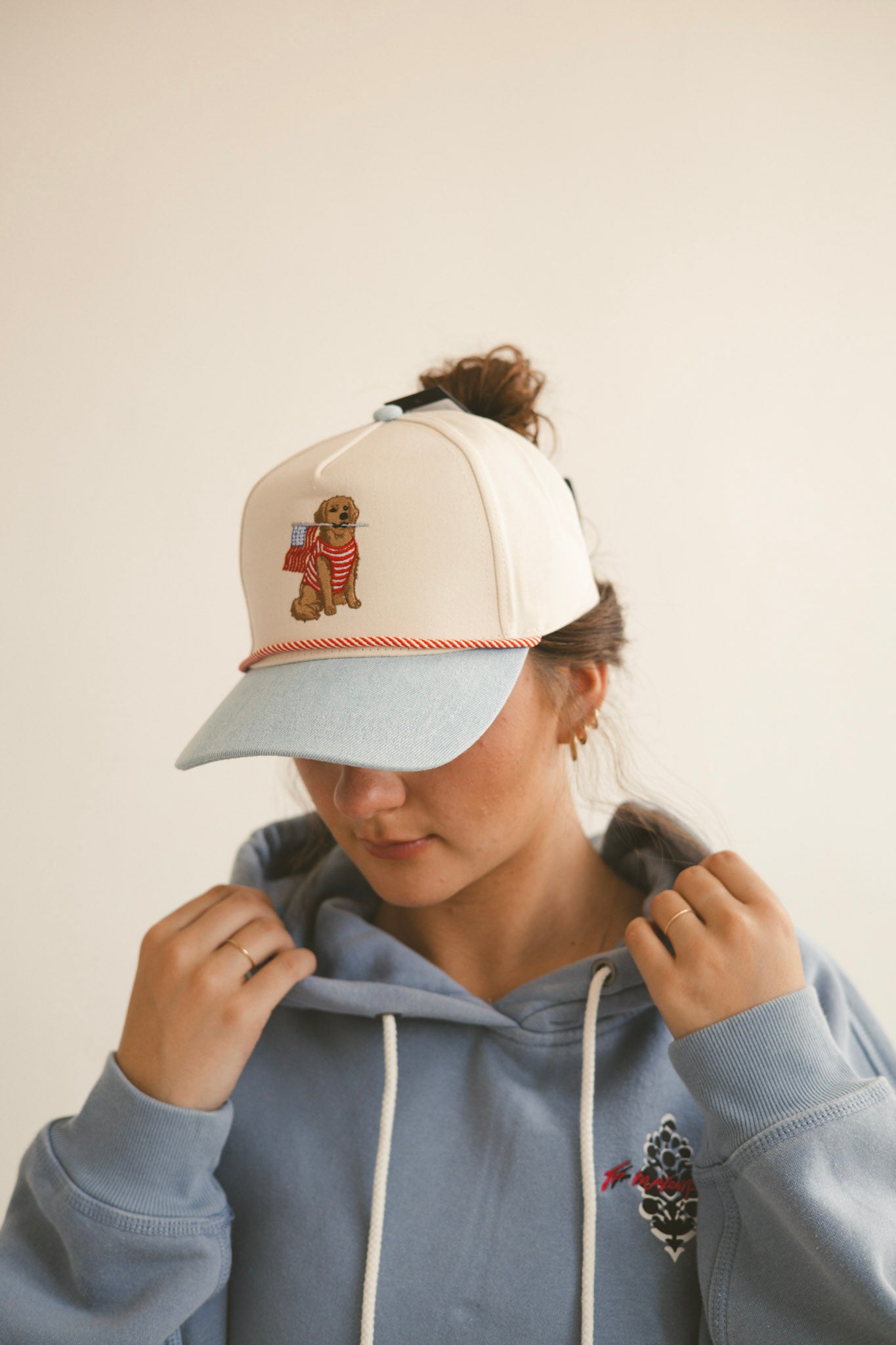 Golden Retriever Holding USA Flag Trucker Hat