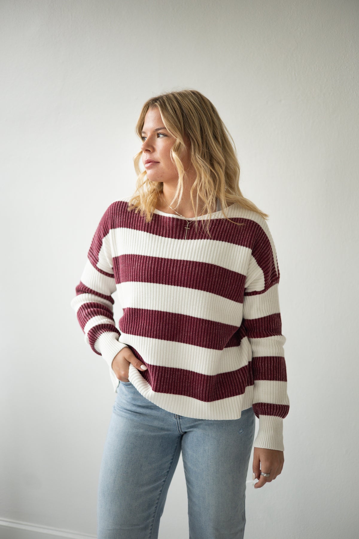 Wine/White Striped Boat Neck LS