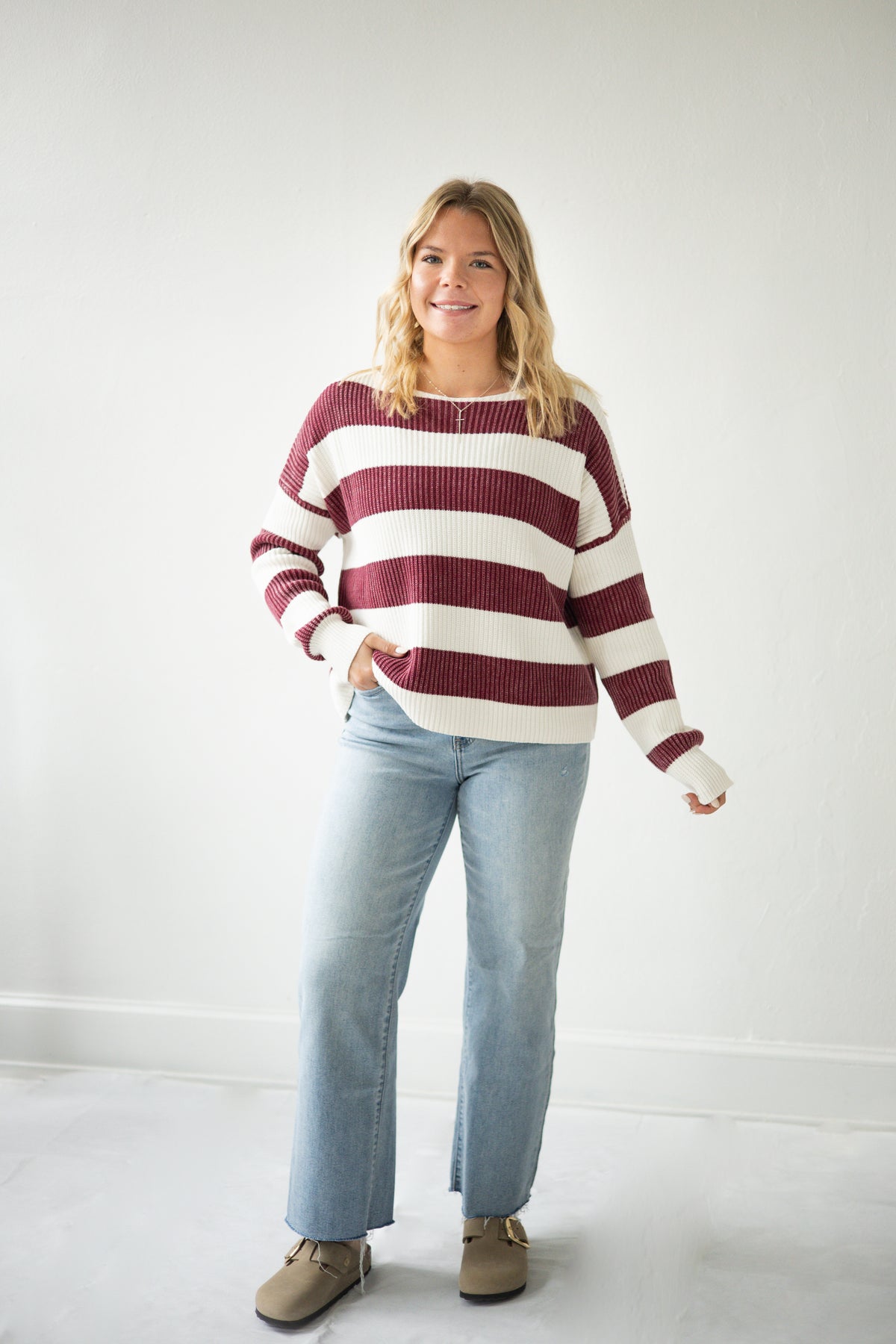 Wine/White Striped Boat Neck LS