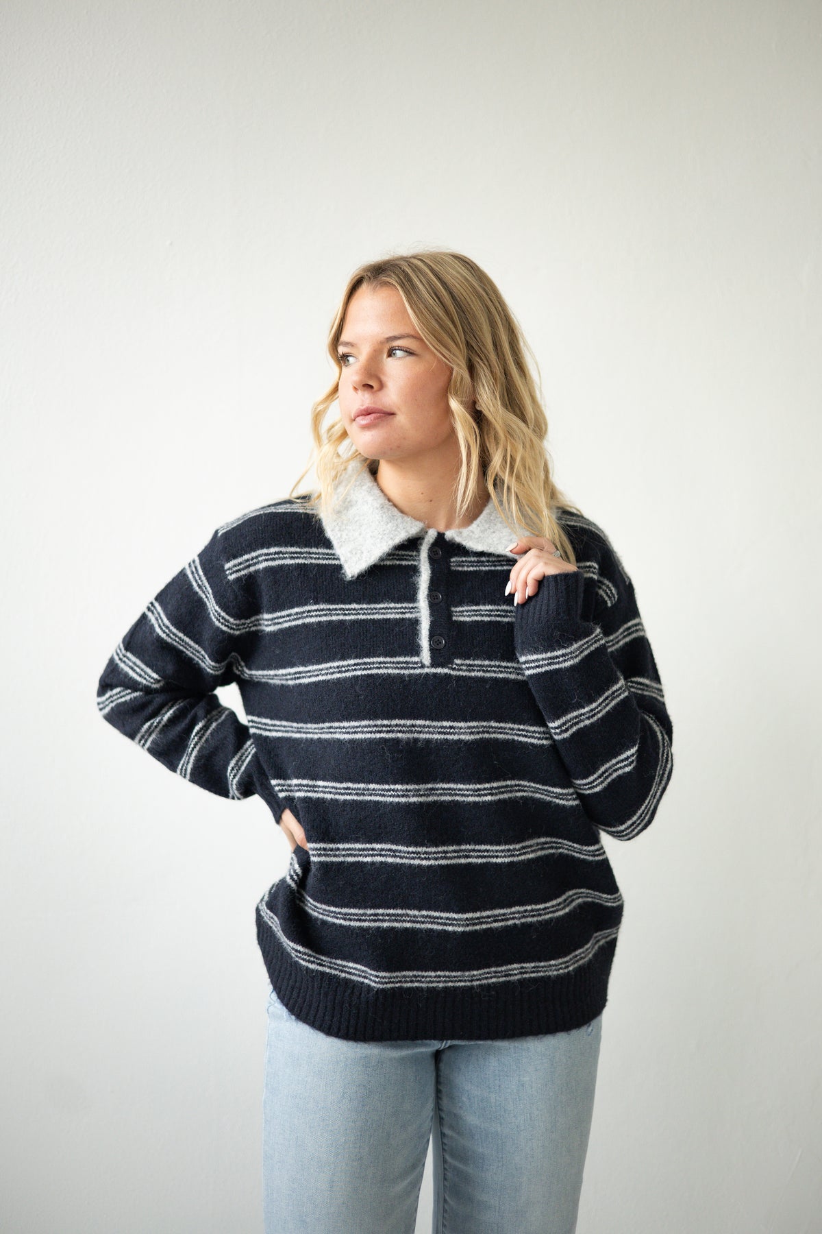 Navy/Grey Striped Half Button Sweater