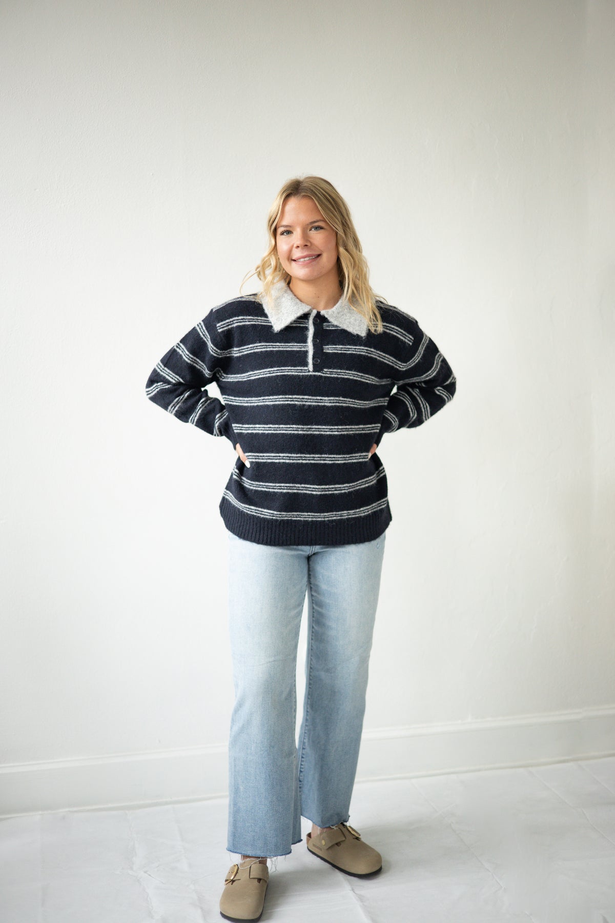 Navy/Grey Striped Half Button Sweater
