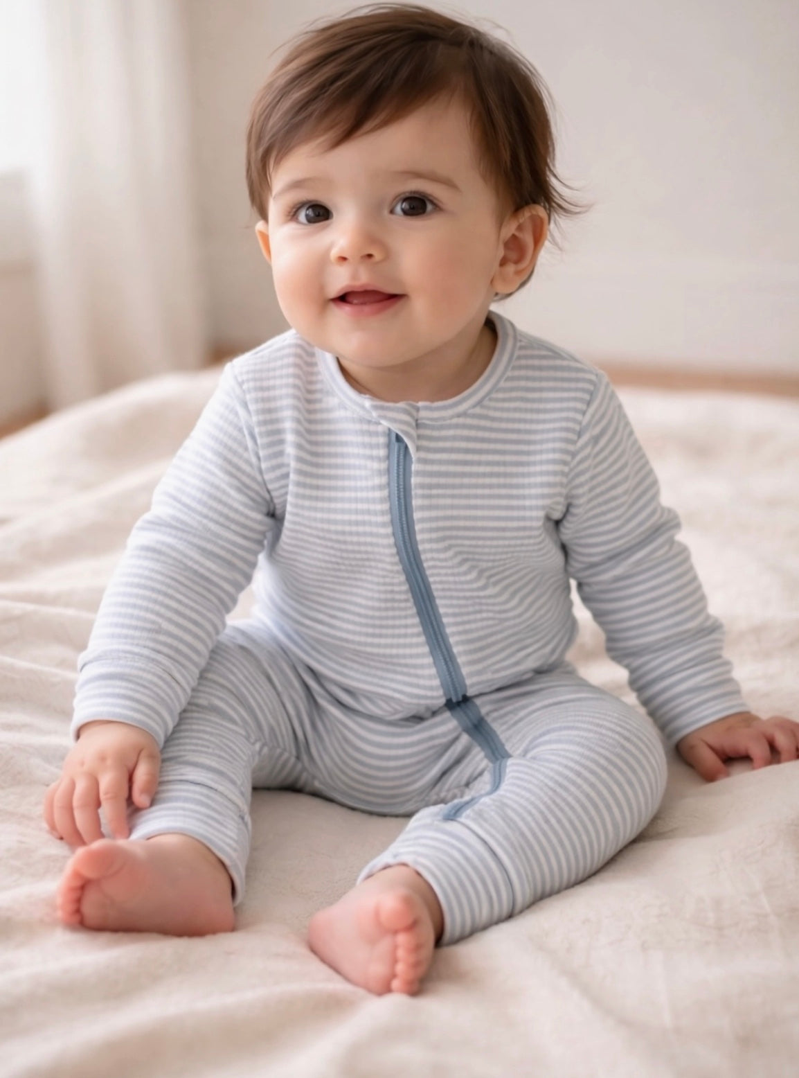 Dusty Blue Stripe Ribbed Romper