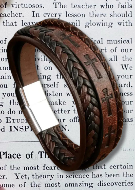 Men's Braided Leather Bracelet w/ Cross Pattern