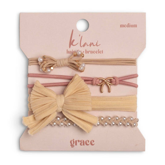 "Grace" Pearls, Gold and Bows Hair Tie Bracelets