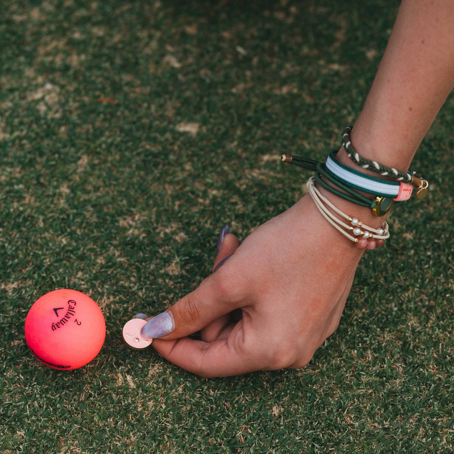 "Tee Time" Green and Pink Hair Tie Bracelets with Removable Ball Marker - Medium