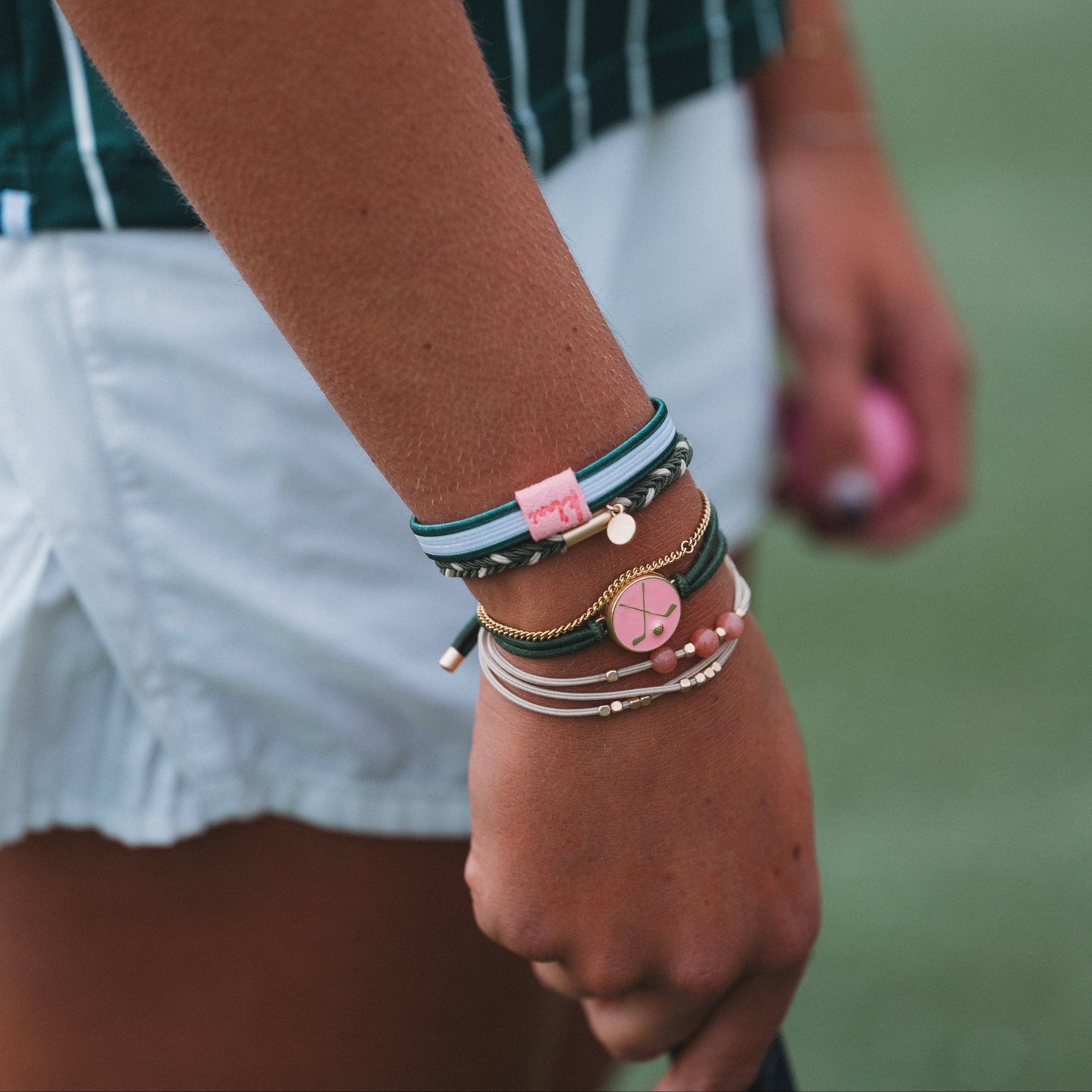 "Tee Time" Green and Pink Hair Tie Bracelets with Removable Ball Marker - Medium
