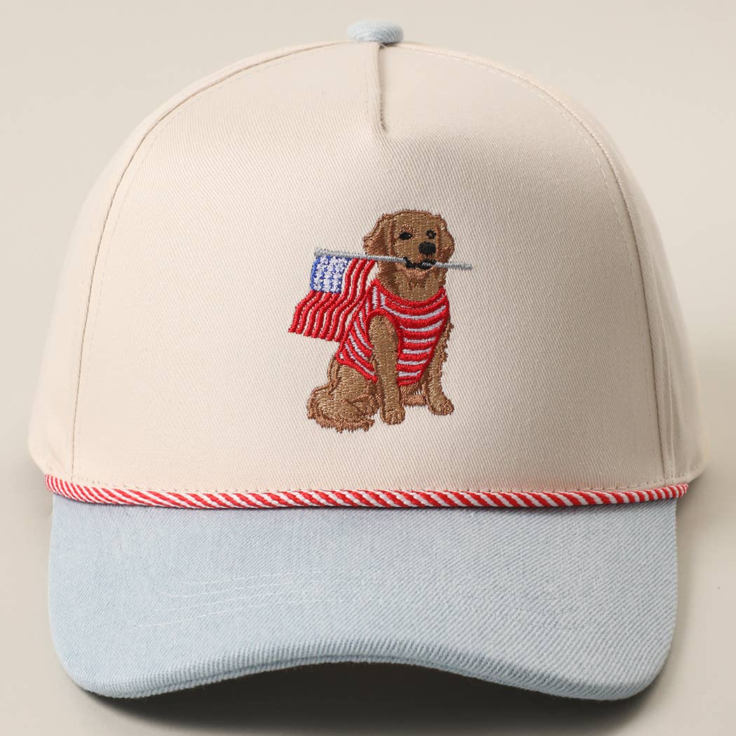 Golden Retriever Holding USA Flag Trucker Hat