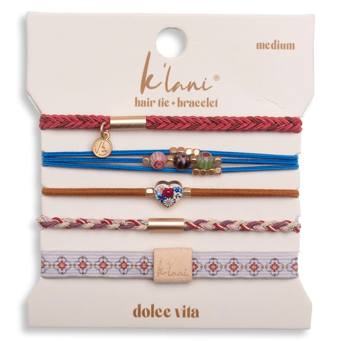 "Dolce Vita" Floral Glass Beads with Gold Accents Hair Tie Bracelets - Medium