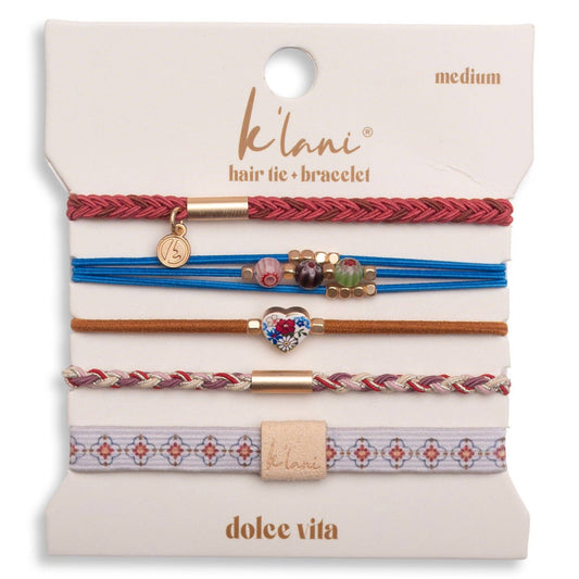 "Dolce Vita" Floral Glass Beads with Gold Accents Hair Tie Bracelets - Medium