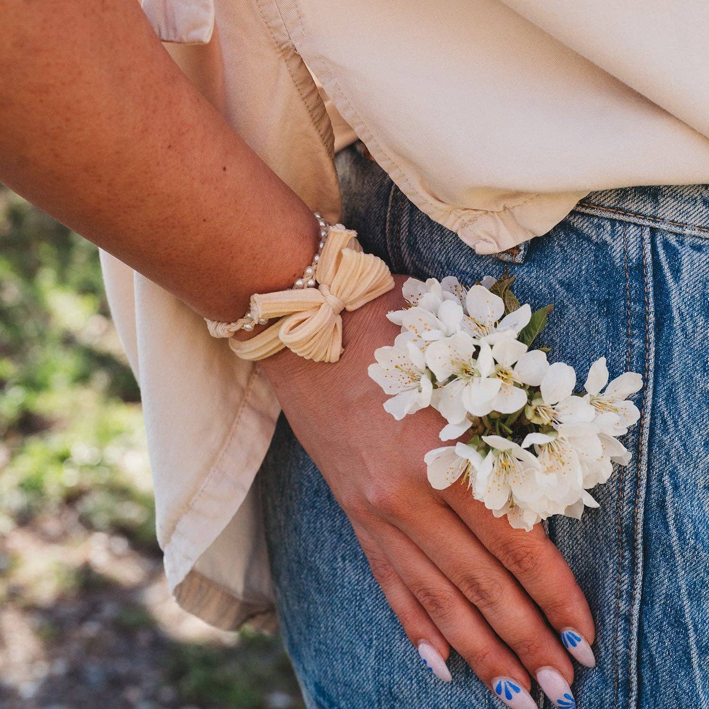 "Grace" Pearls, Gold and Bows Hair Tie Bracelets