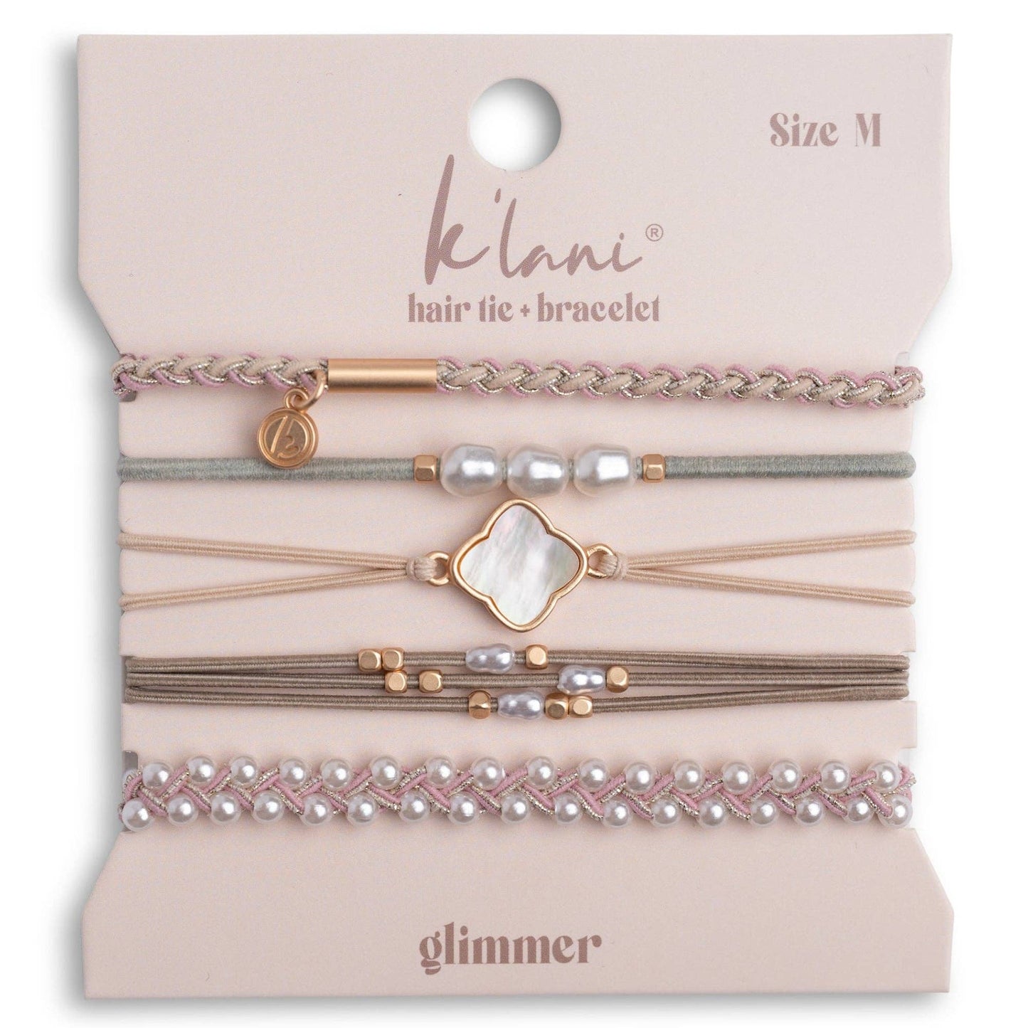 "Glimmer" Soft Pinks with Pearl and Gold Accent Hair Tie Bracelets - Medium