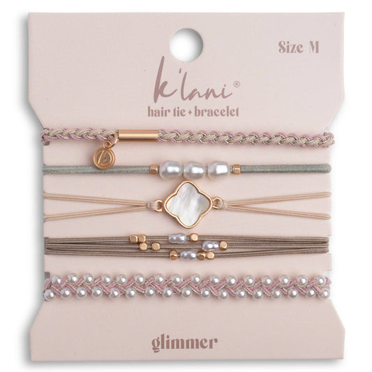 "Glimmer" Soft Pinks with Pearl and Gold Accent Hair Tie Bracelets - Medium