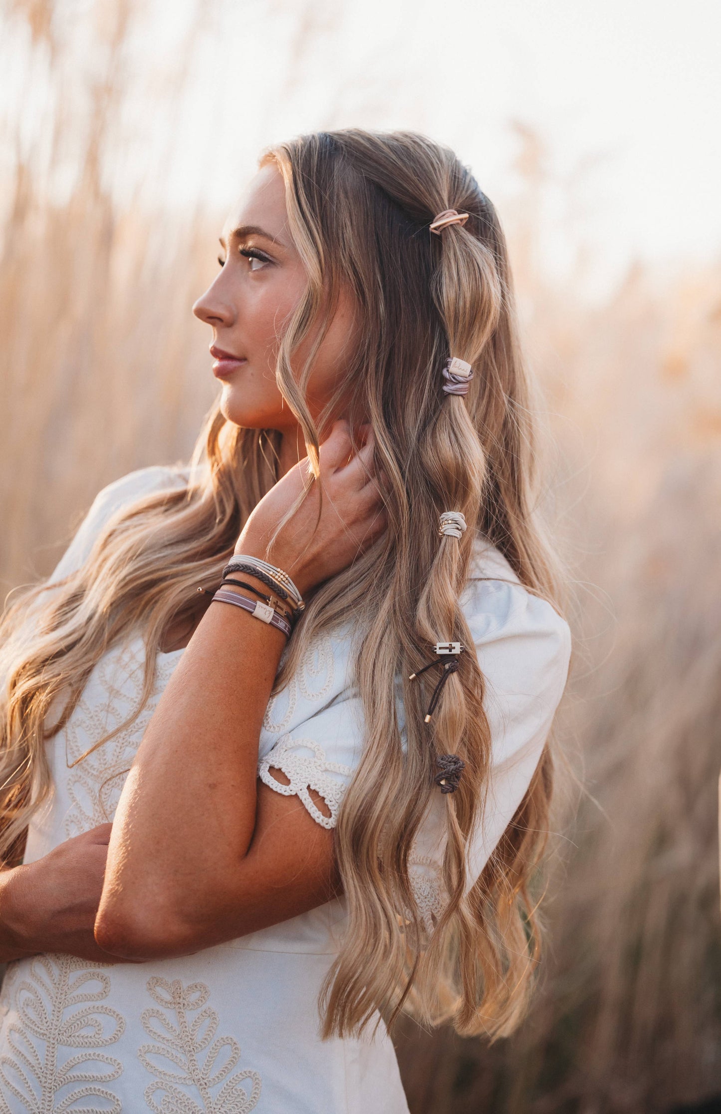 "Faith" Gold Cross Hair Tie Bracelet Set
