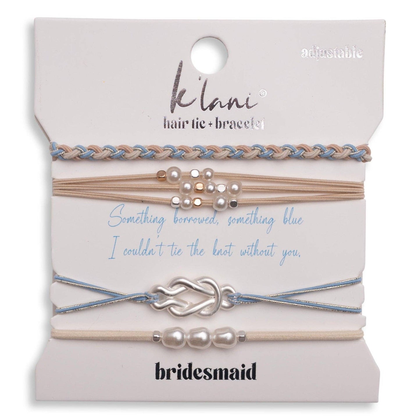 "Bridesmaid" Cream and Blue with Pearl Accent Hair Tie Bracelets