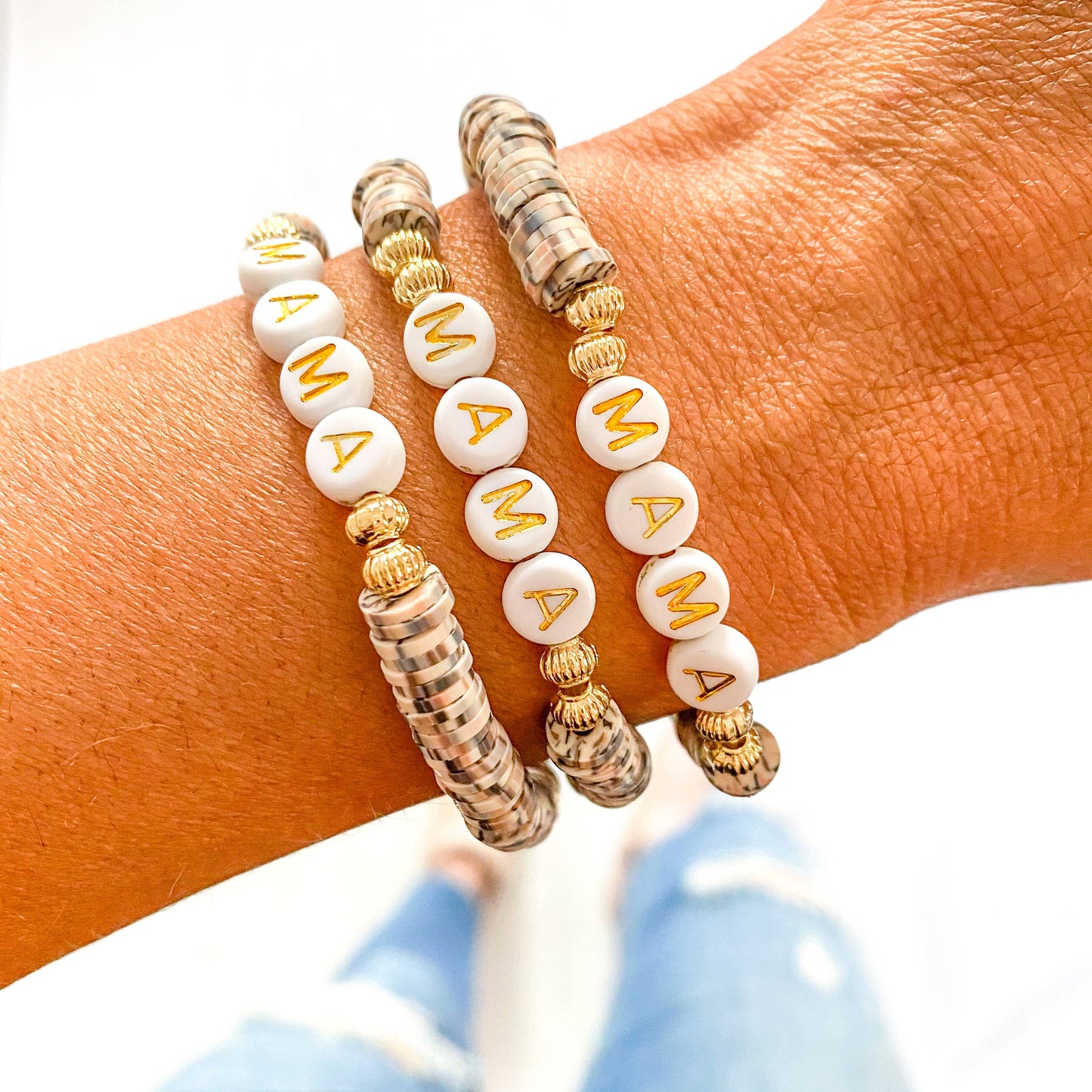 Gold Mama + Brown Speckle Dalmatian Heishi Bracelet