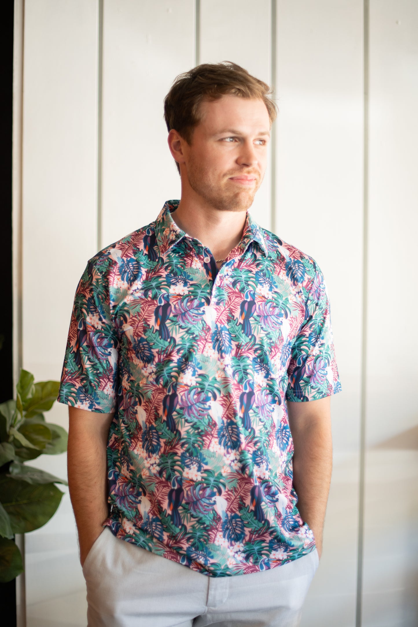 XC4 Printed Polo - Pink Tropical Bird