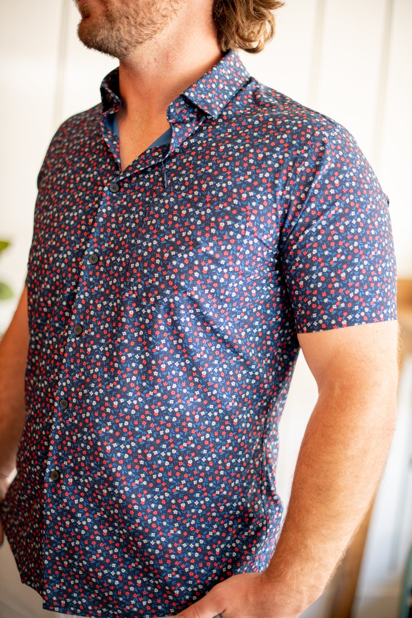 Red & Blue Floral SS Button Up