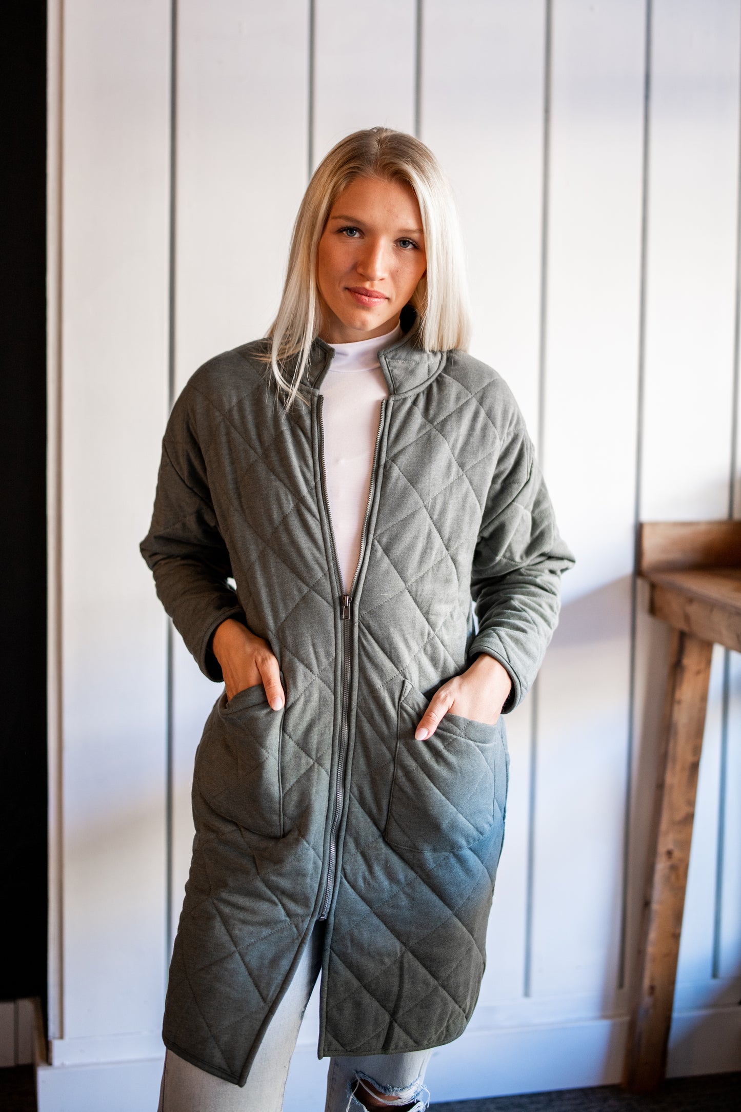 Catharina Quilted Zip Jacket - Ash Green