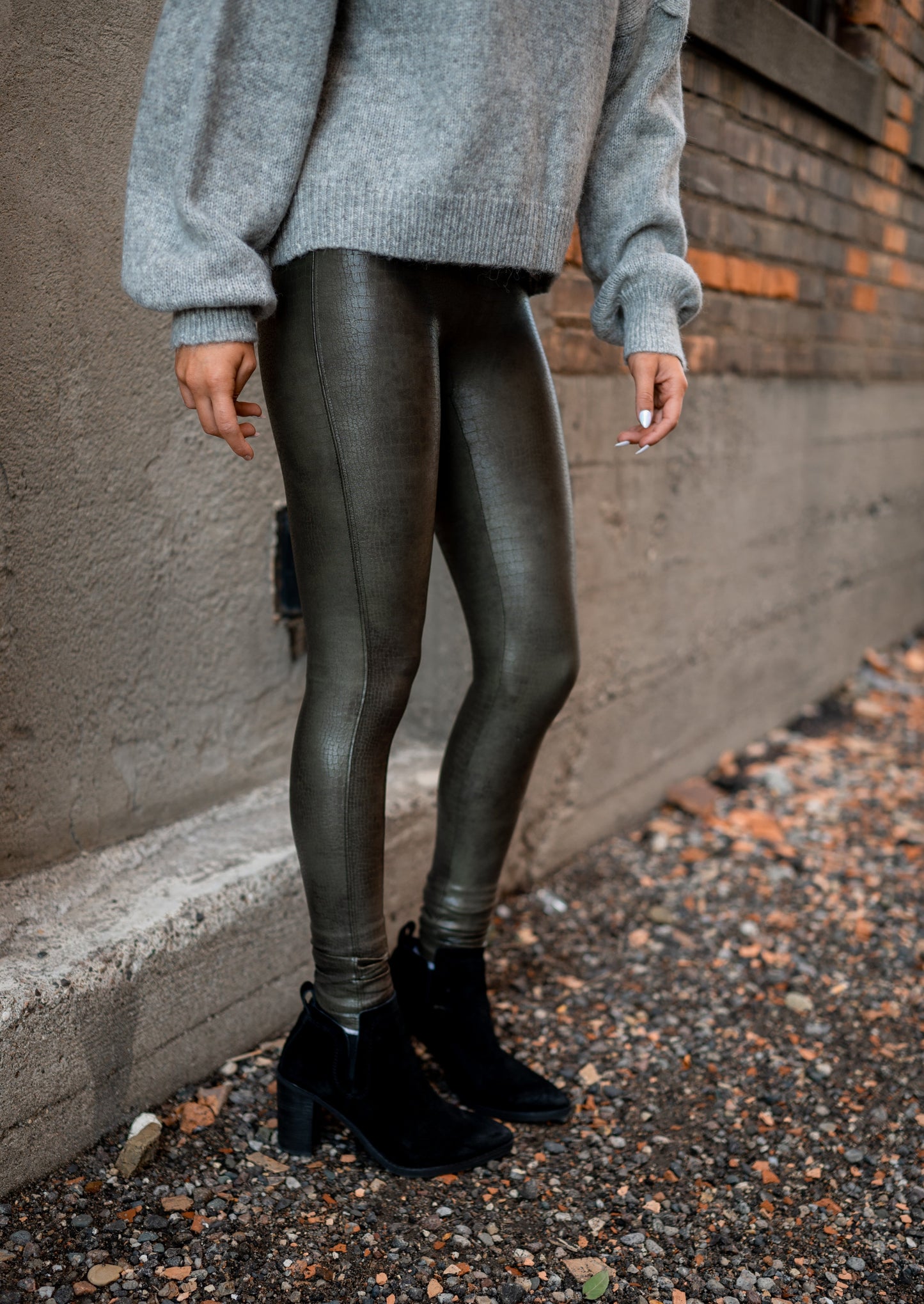 Faux Leather Croc Legging - Dark Olive